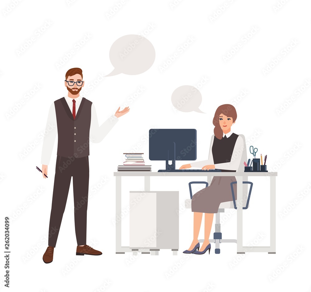 Colleagues or employees talking to each other. Male and female office workers or clerks standing and sitting in chair at desk with computer taking part in dialog. Flat cartoon vector illustration. Colleagues or employees talking to each other. Male and female office workers or clerks standing and sitting in chair at desk with computer taking part in dialog. Flat cartoon vector illustration.