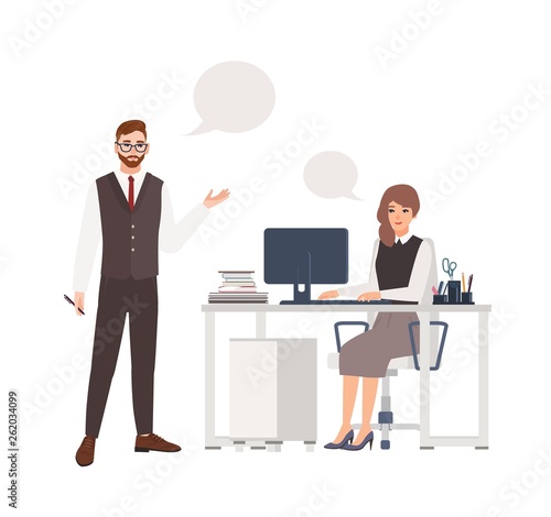 Colleagues or employees talking to each other. Male and female office workers or clerks standing and sitting in chair at desk with computer taking part in dialog. Flat cartoon vector illustration.