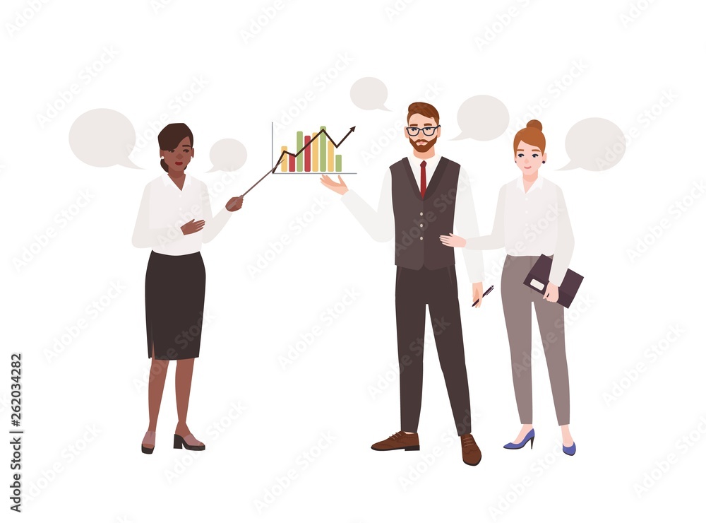 Fototapeta premium Female office worker making presentation in front of colleagues and talking to them. Work meeting. Managers taking part in professional conversation or dialog. Flat cartoon vector illustration.