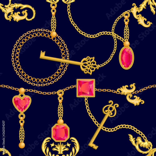 Baroque print with chains, rubins and keys. 