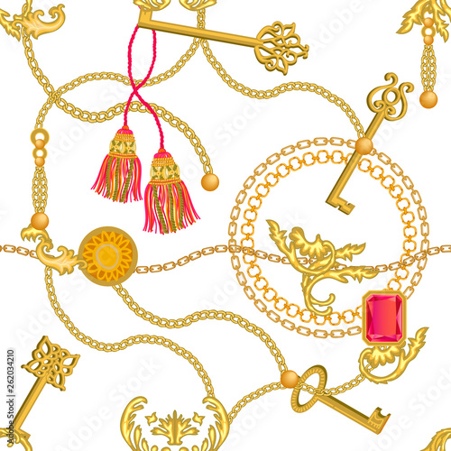 Baroque print with chains, rubins and keys. 