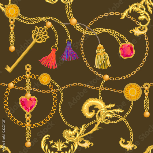 Baroque print with chains, rubins and keys. 