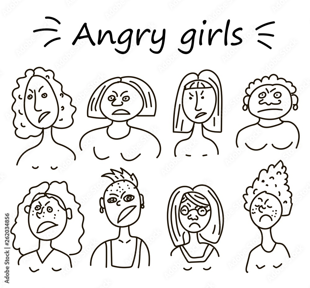 Angry Women. Furious girl Negative emotions. Bad mood. Linear style. The girls are angry. Sketch. Angry Women. Furious girl Negative emotions. Bad mood. Linear style. The girls are angry. Sketch.