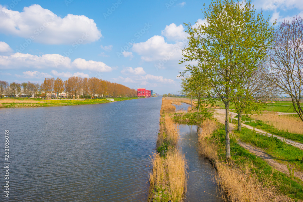 Canal in a residential area field below a blue sky in sunlight in spring