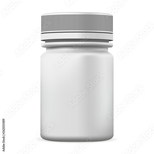 Pill Bottle. White Medicine Empty Container, Vector. Vitamin Drug Pharmaceutical Healthcare Industry. Medication Antibiotic Pot for Aspirin Dose. Supplement Packaging Design Mockup. 3d Plastic Jar.