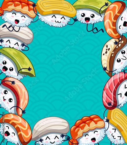Cartoon frame with funny sushi. Template for advertising brochure. Ready for your message. Funny cartoon character. Vector illustration