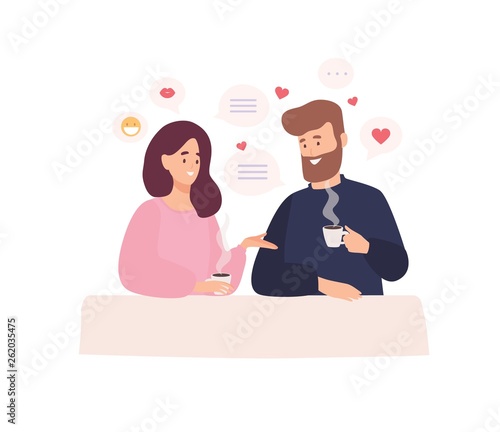 Pair of adorable man and woman sitting at cafe table, drinking coffee and talking. First romantic date with person found through dating website or application. Flat cartoon vector illustration.