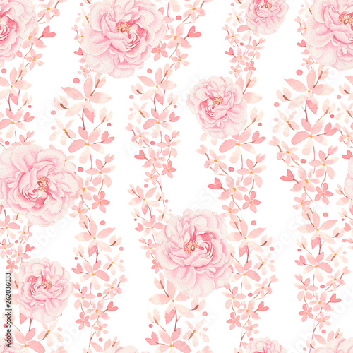 Bright colorful seamless pattern with flowers of roses and peony. 