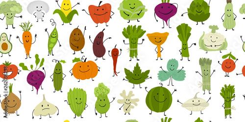 Funny smiling vegetables and greens, characters for your design. Seamless pattern