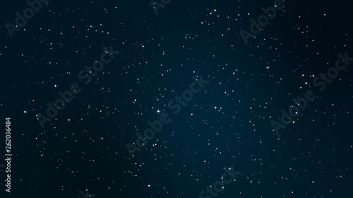Night starry skies with twinkling and blinking stars. Abstract dark 3D illustration with glowing stars or particles. Space science background of blue sky in starry night in UHD 4K