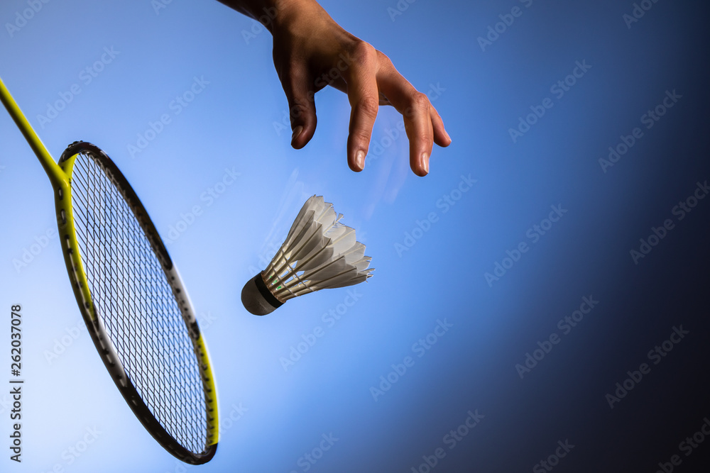 Badminton racket and shuttlecock in motion closeup Stock Photo Adobe