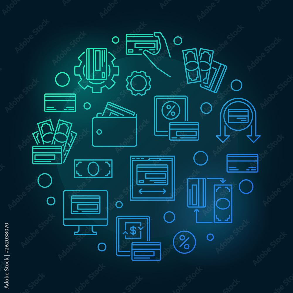 Money and Cash Cards vector concept blue circular outline illustration on dark background Money and Cash Cards vector concept blue circular outline illustration on dark background