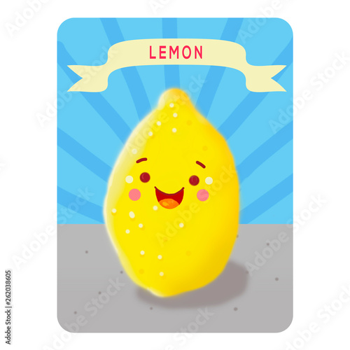 Illustration. Playing card. Funny edible character. Lemon on blue background with stripes with the name on the table. Kavai lemon.