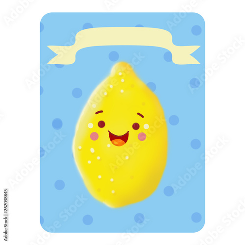 Cute lemon. Lemon on a blue background with circles with a ribbon without a name, a lemon without a table. Funny edible character. Kavai lemon. Illustration.