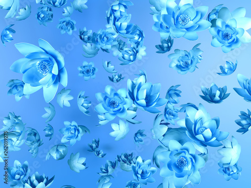 Blue flying flowers on a blue background as a wallpaper - illustration 3d rendering