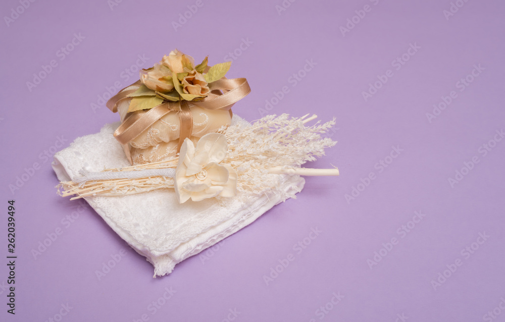 beauty set with soap on a violet background beauty set with soap on a violet background