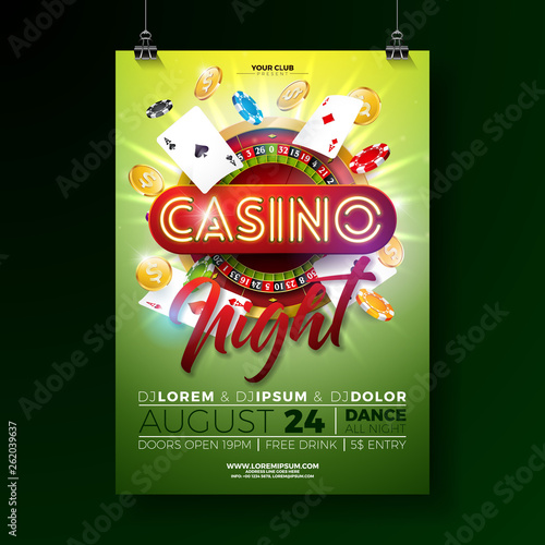 Vector Casino night flyer illustration with gambling design elements and shiny neon light lettering on green background. Luxury invitation poster template.