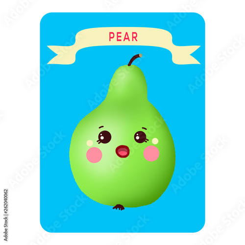 Illustration. Kavai pear. Funny edible character. Pear on biue background with the name. Playing card. photo