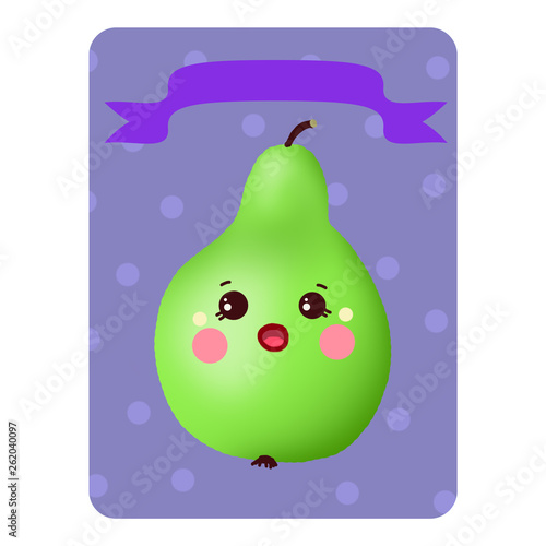 Cute pear. Pear on a purple background with circles with a ribbon without a name.  Funny edible character. Kavai pear. A purple tape. Illustration. photo