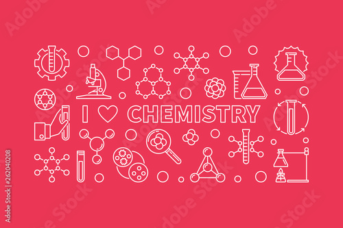 I Love Chemistry modern banner. Vector Chemical concept illustration in thin line style on red background