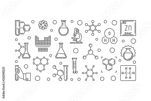 Science and Chemistry outline simple banner. Vector horizontal illustration in thin line style 