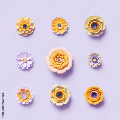 3d render, violet yellow craft paper flowers, floral clip art set, isolated botanical design elements, bright candy colors, decorative embellishment