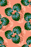 Fabric pattern with palm leaves on a pink background