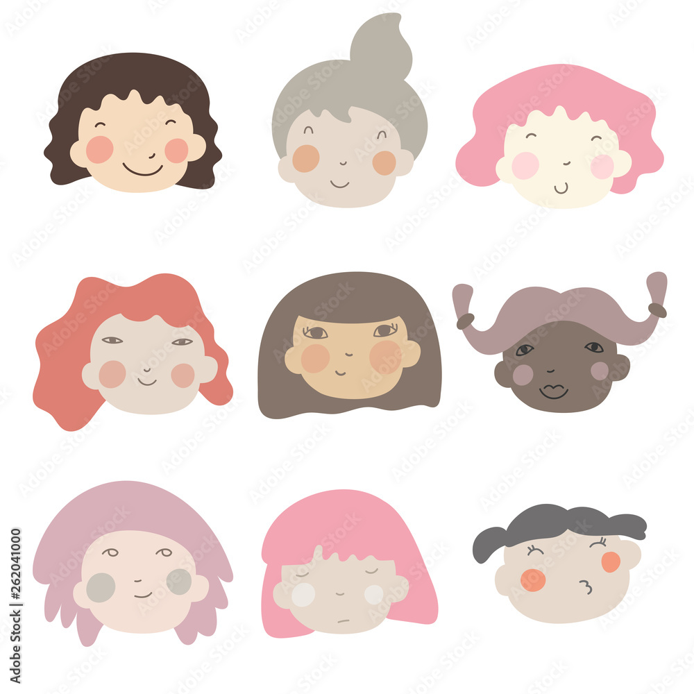 Different ethnic nationality affiliation woman head face vector icons. Happy baby girls faces. Cartoon vector illustration.