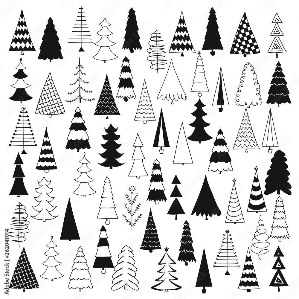 Naklejka Pine tree pattern design with Christmas trees - funny hand drawn doodle, seamless pattern. Lettering poster or t-shirt textile graphic design. / wallpaper, wrapping paper, background.