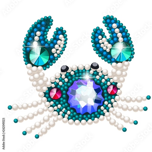 Crab figurine made of precious stones in the form of a brooch isolated on white background. Vector cartoon close-up illustration.