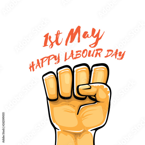 Happy labour day vector label with strong orange fist isolated on white background. vector happy labor day background with man hand. red workers may day poster