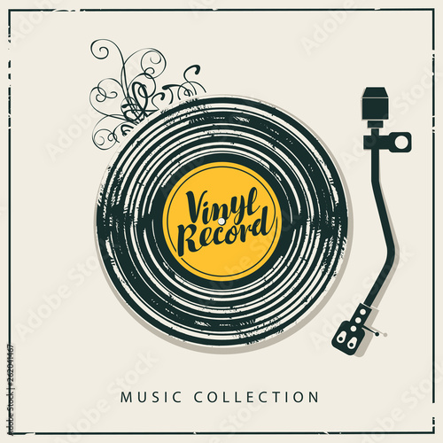 Vector music poster with old vinyl record, record player and calligraphic lettering in retro style. Music collection
