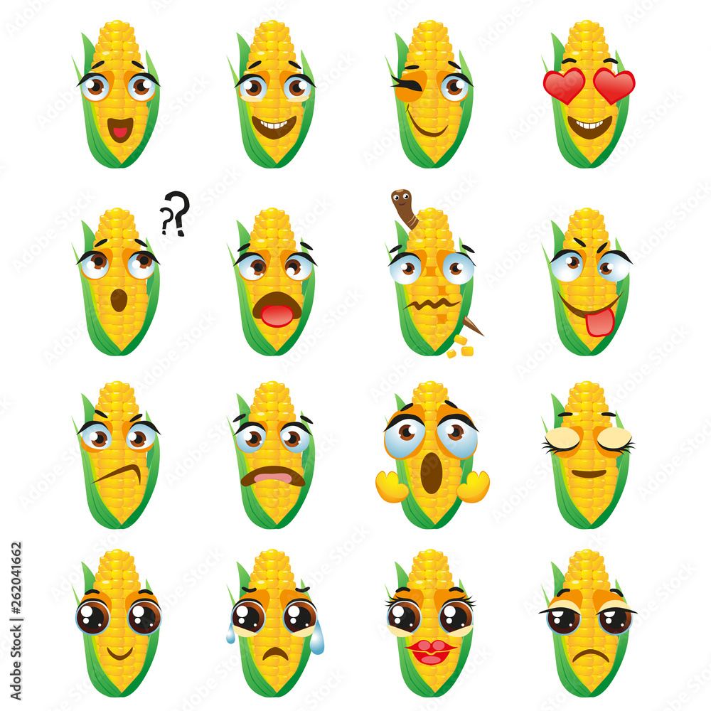Chinese corn Emoji Emoticon Expression. Funny cute food Chinese corn Emoji Emoticon Expression. Funny cute food