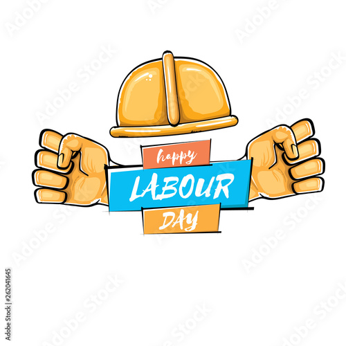 Happy labour day vector label with strong orange fist isolated on white background. vector happy labor day background with man hand. red workers may day poster