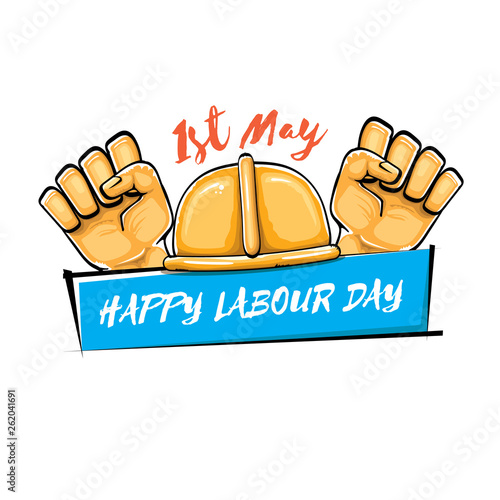 Happy labour day vector label with strong orange fist isolated on white background. vector happy labor day background with man hand. red workers may day poster