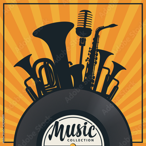 Vector music poster in retro style with vinyl record, wind instruments, saxophone, microphone and inscription on the background with rays. Music collection