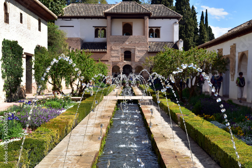 Fountains in the Water Garden Courtyard of the Generalife Palace of the Alhambra, Granada, Spain