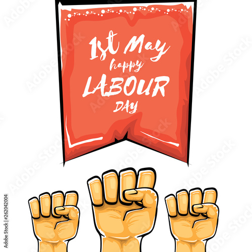 Happy labour day vector label with strong orange fist isolated on white background. vector happy labor day background with man hand. red workers may day poster