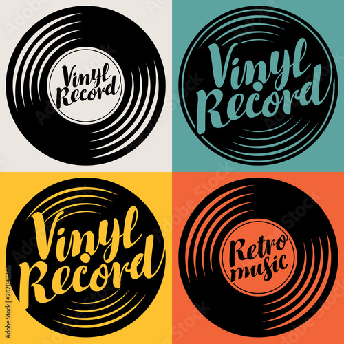 Vector set of music posters or logos in the form of vinyl records with calligraphic inscriptions Vinyl record, Retro music on the colored backgrounds