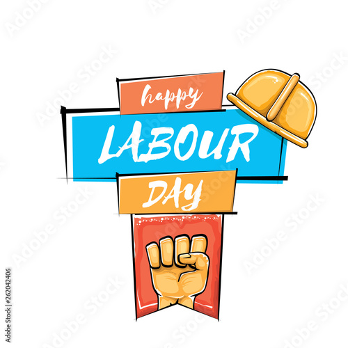 Happy labour day vector label with strong orange fist isolated on white background. vector happy labor day background with man hand. red workers may day poster