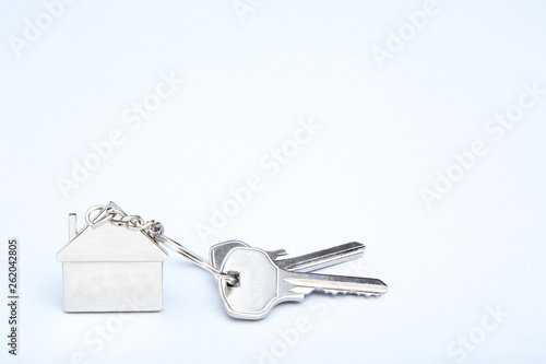 Silver keys with house symbol on grey background