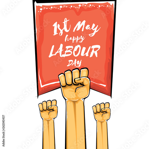 Happy labour day vector label with strong orange fist isolated on white background. vector happy labor day background with man hand. red workers may day poster