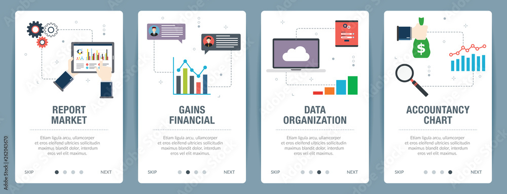 Web banners concept in vector with report market, gains financial, data organization and accountancy chart. Internet website banner concept with icon set. Flat design vector illustration.