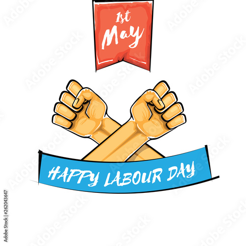 Happy labour day vector label with strong orange fist isolated on white background. vector happy labor day background with man hand. red workers may day poster
