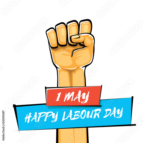Happy labour day vector label with strong orange fist isolated on white background. vector happy labor day background with man hand. red workers may day poster