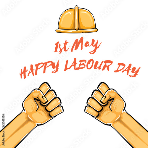 Happy labour day vector label with strong orange fist isolated on white background. vector happy labor day background with man hand. red workers may day poster