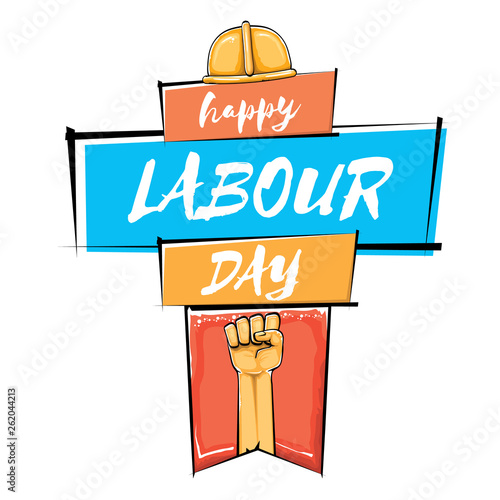 Happy labour day vector label with strong orange fist isolated on white background. vector happy labor day background with man hand. red workers may day poster