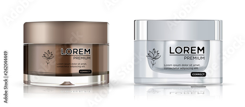 ПечатьRound brown and silver plastic jar cosmetics set - body cream,  butter, scrub, bath salt, gel, skin care, powder. Realistic packaging mockup template.  Side view. Vector illustration.