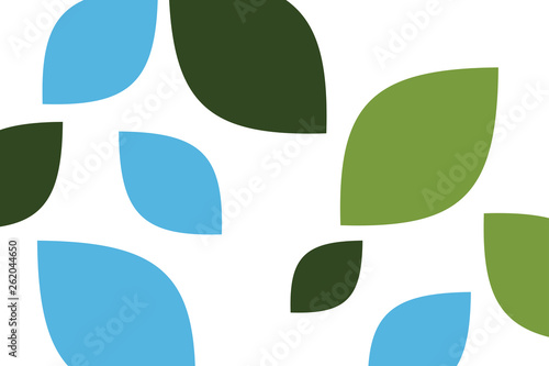 Abstract background pattern made with leaf like geometric shapes in flower abstraction. Modern vector art. Tones of green and blue colors on white background.