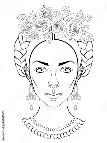 black and white illustration of a beautiful young girl with a traditional Mexican hairstyle